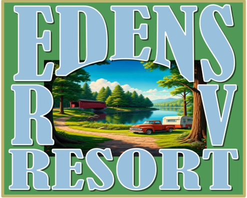 Logo for "Edens RV Resort" with large blue letters over an illustration of a lakeside campsite, featuring trees, a red covered bridge, a red truck, and a white RV under a blue sky.